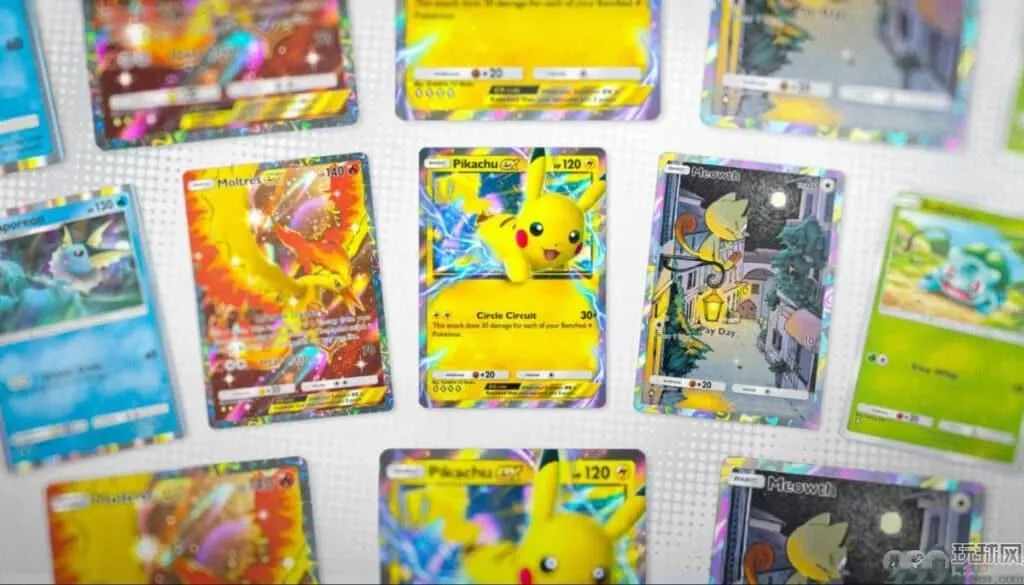 一组色彩缤纷的宝可梦集换式卡牌，包括皮卡丘、火焰鸟、喵喵和杰尼龟，背景纹理。