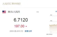 人民币对美元中间价下调197个基点 1美元对人民币6.7120元
