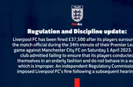 英足总官方：利物浦因球员围攻裁判被罚款37500英镑