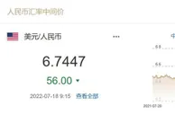 7月18日人民币对美元汇率中间价6.7447元，调升56个基点