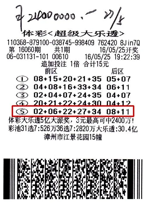 古稀老伯5注追加票拿下2400万 5个子女共同领奖
