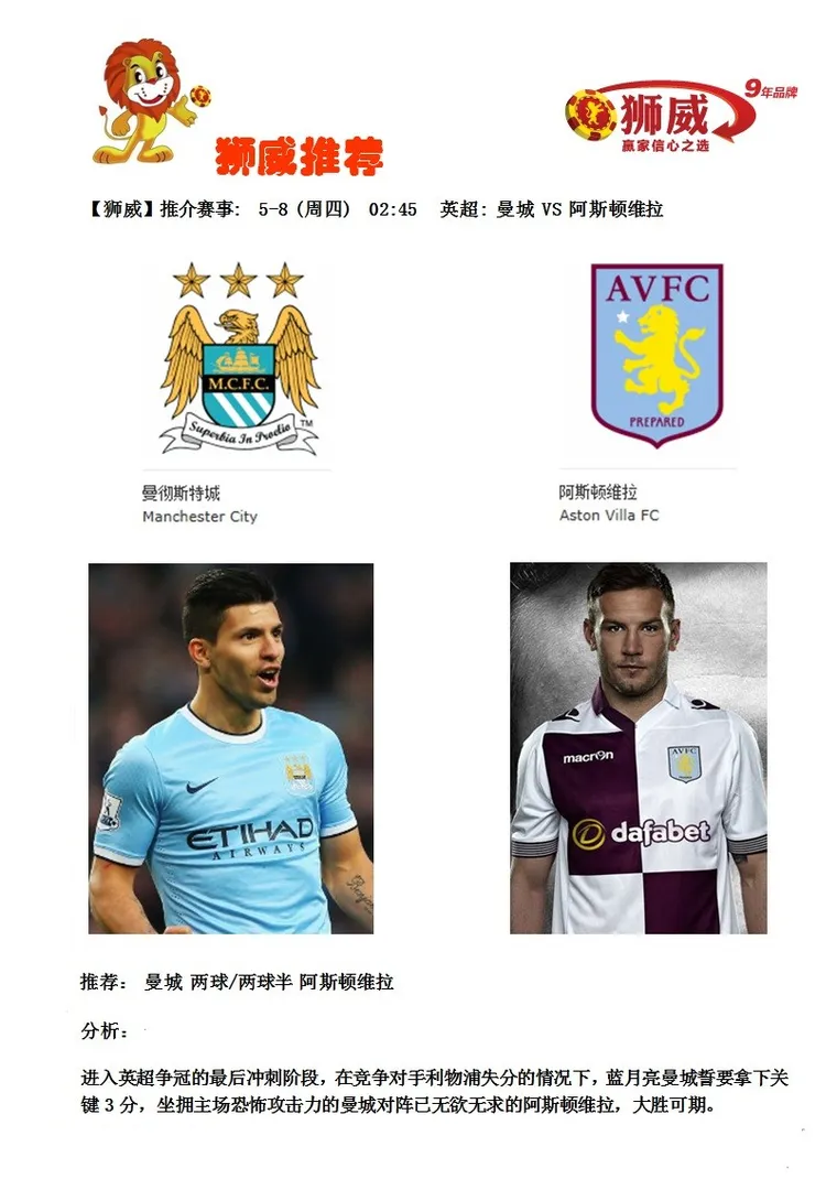 【狮威】推介赛事: 5-8 (周四) 02:45 英超: 曼城 VS 阿斯顿维拉