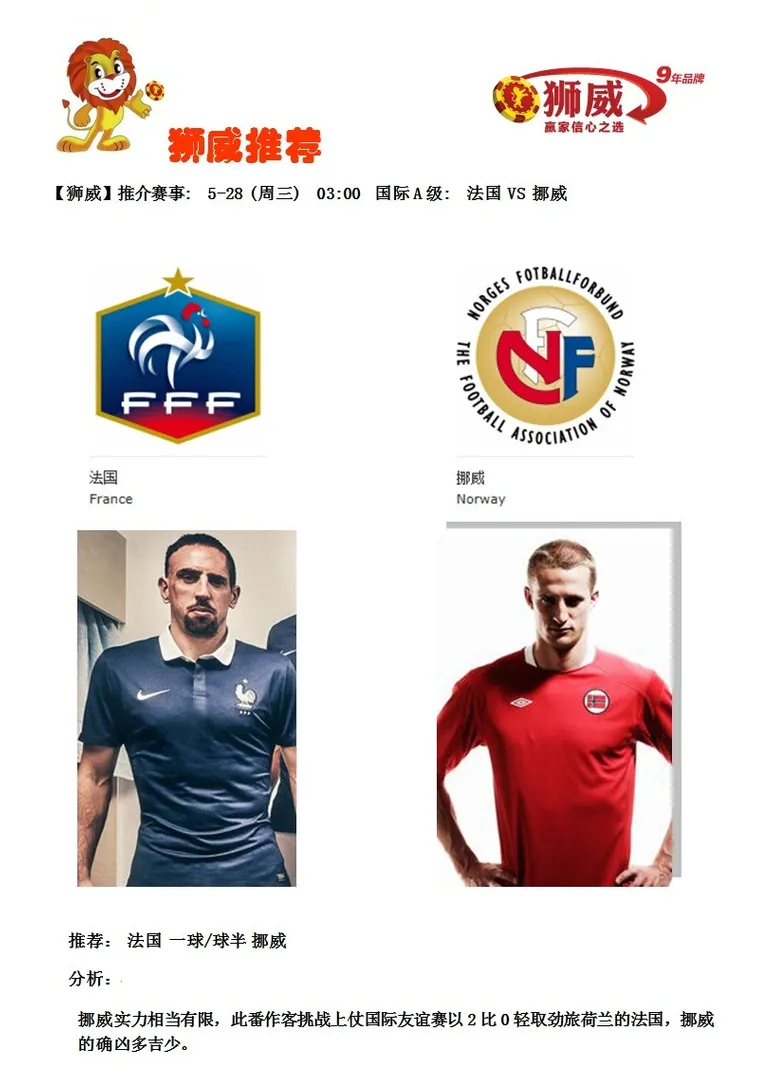 【狮威】推介赛事: 5-28 (周三) 03:00 国际A级: 法国 VS 挪威