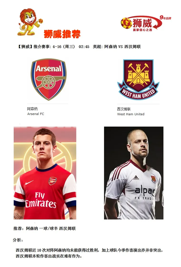 【狮威】推介赛事: 4-16 (周三) 02:45 英超: 阿森纳 VS 西汉姆联