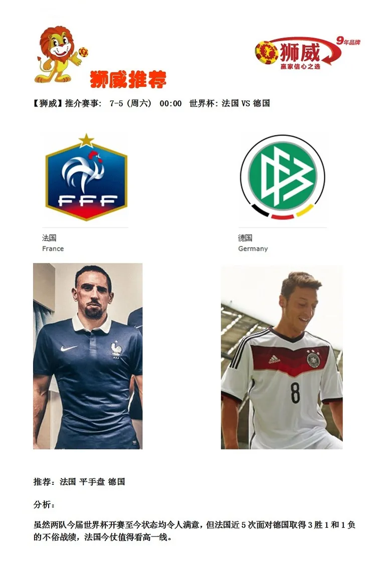 【狮威】推介赛事: 7-5 (周六) 00:00 世界杯: 法国VS 德国