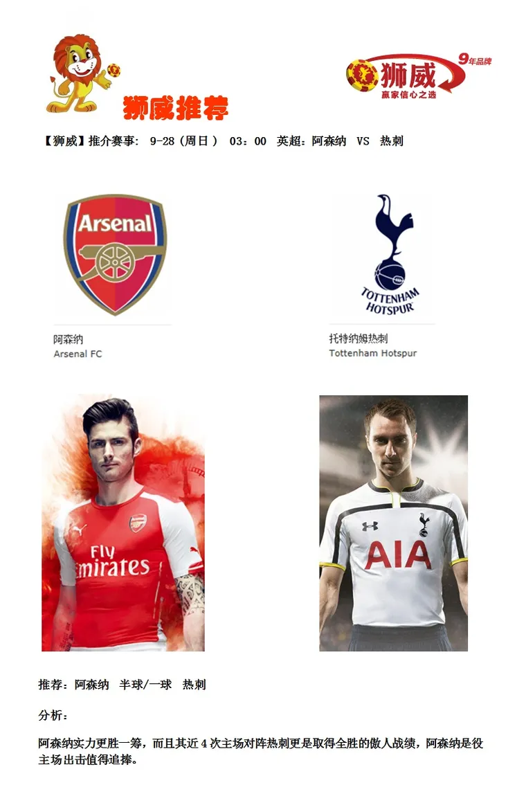 【狮威】推介赛事: 9-28 (周日 ) 03：00 英超：阿森纳 VS 热刺