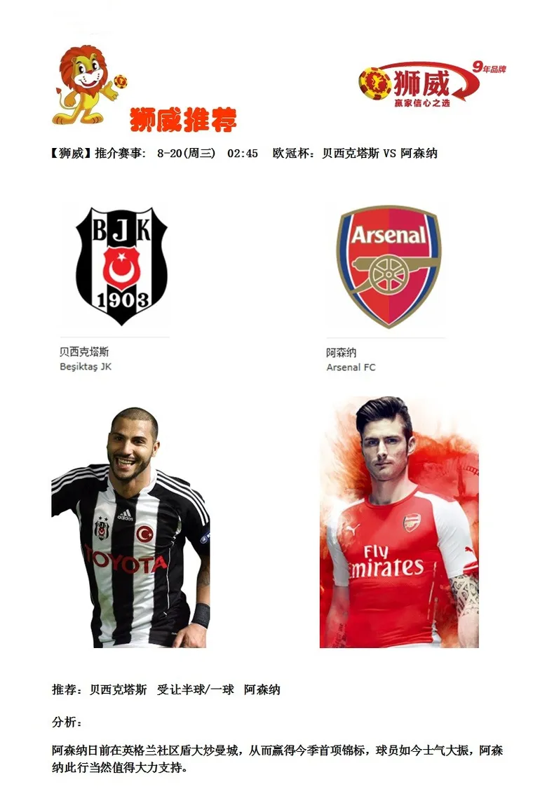【狮威】推介赛事: 8-20(周三) 02:45 欧冠杯：贝西克塔斯 VS 阿森纳