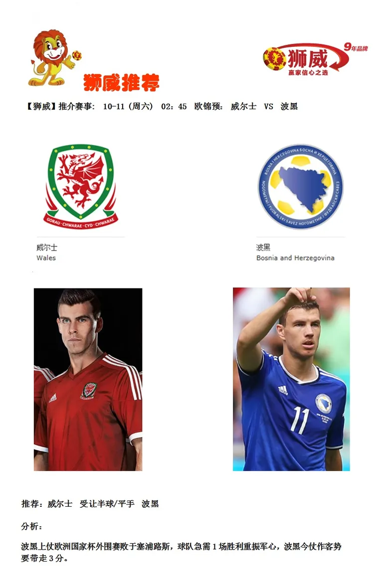 【狮威】推介赛事: 10-11 (周六) 02：45 欧锦预： 威尔士 VS 波黑