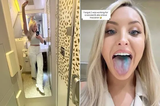 Emma Louise Jones surprises followers with playful airplane restroom photo and dyed tongue