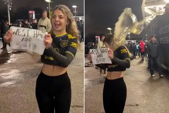Manchester United Fan and Adult Star Drenched with Beer After Mocking West Ham Outside Stadium