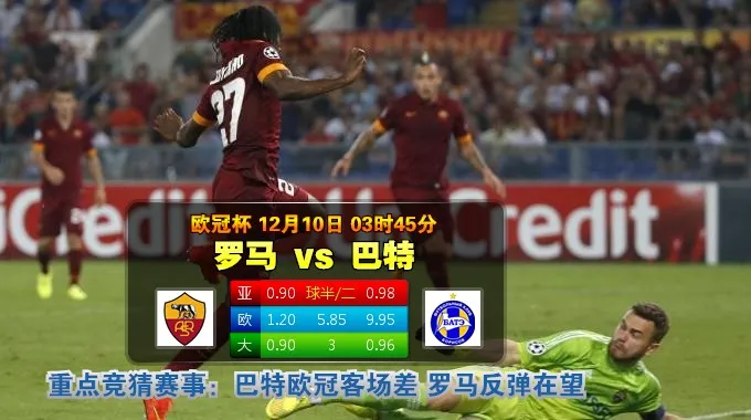 玩球网心水:欧冠杯　12月10日 3:45　罗马 VS 巴特