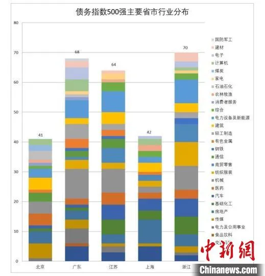 债务指数500强企业主要省市行业分布。　浙江大学公共政策研究院供图