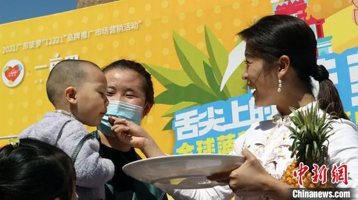 乌鲁木齐市民现场品鉴徐闻菠萝。　王小军 摄