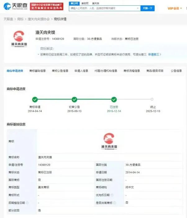 天眼查数据显示,“潼关肉夹馍协会”成功注册的仅有方便食品类“潼关肉夹馍”一枚商标。 天眼查数据显示,“潼关肉夹馍协会”成功注册的仅有方便食品类“潼关肉夹馍”一枚商标。