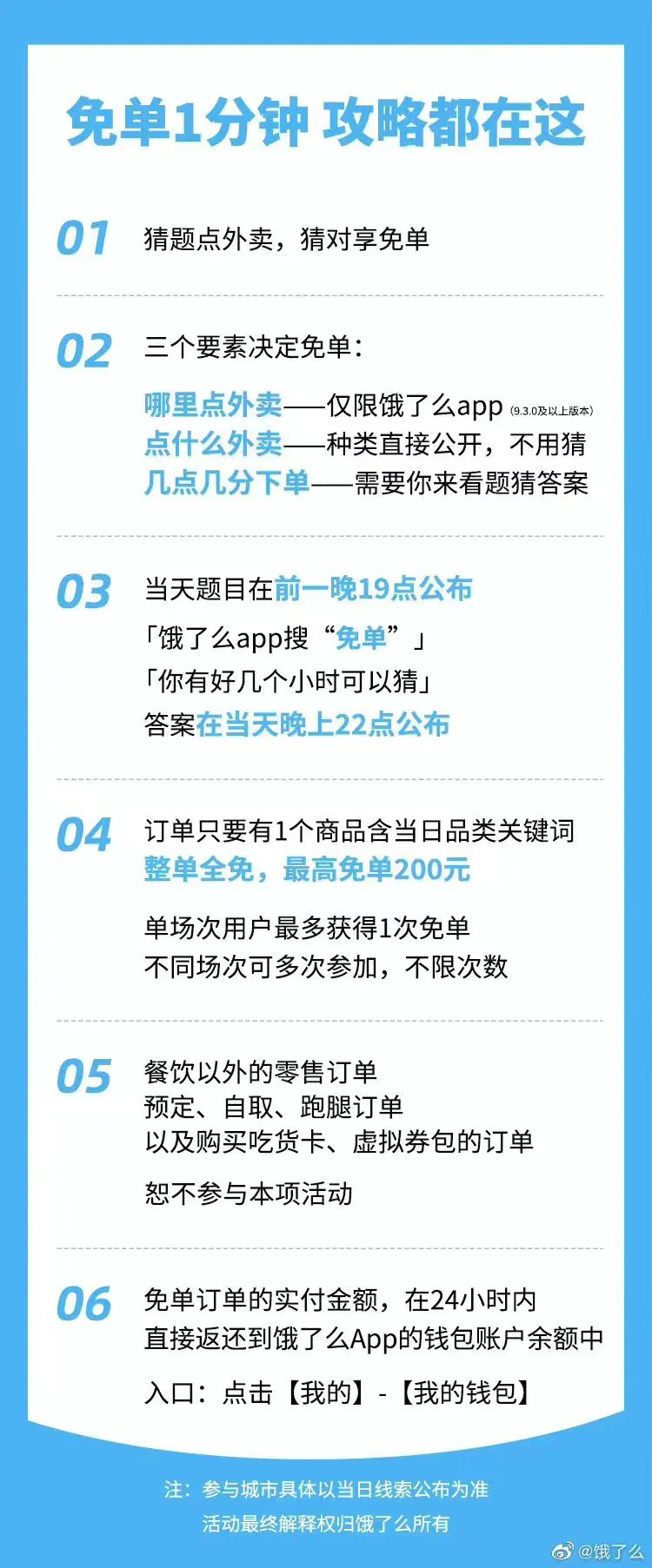 饿了么在官方微博公布的免单规则。