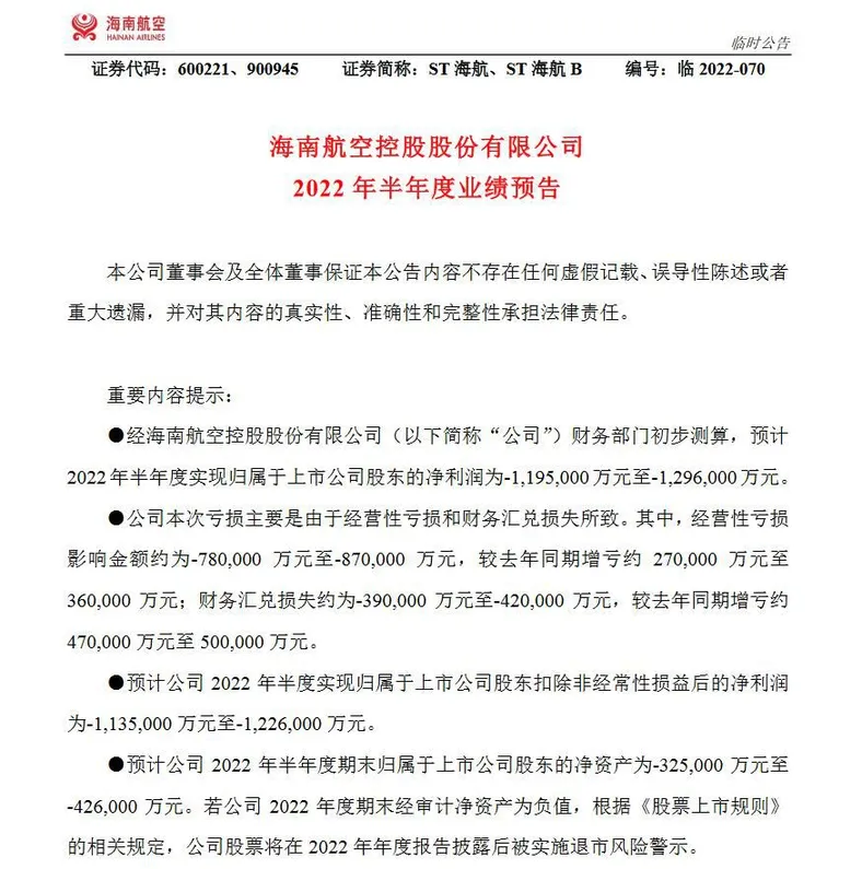 ST海航公告截图。