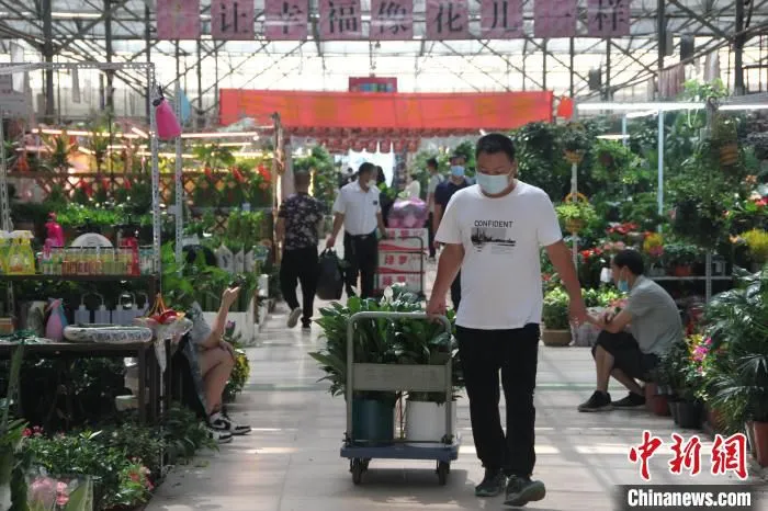 图为郑州陈砦花卉市场内的过道里人来人往。　李明明 摄