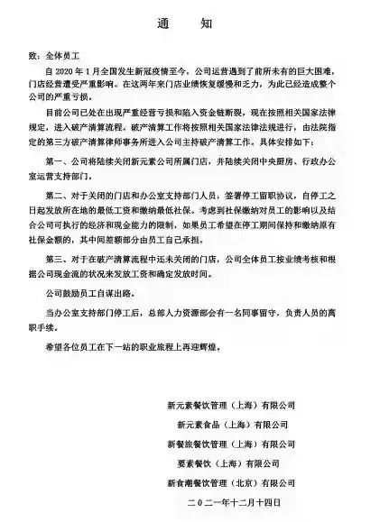 新元素(element fresh)关于破产清算的通知。