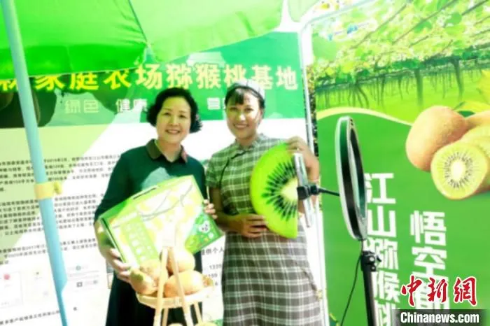 “村播”在猕猴桃基地直播带货。　浙江省商务厅 供图