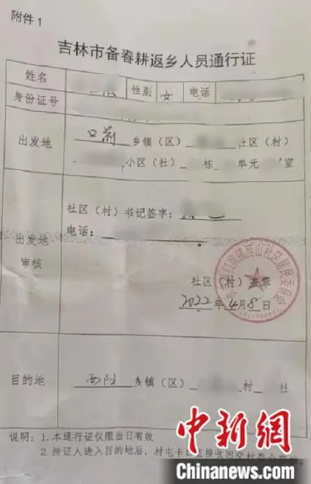 《吉林市备春耕返乡人员通行证》。 受访者供图