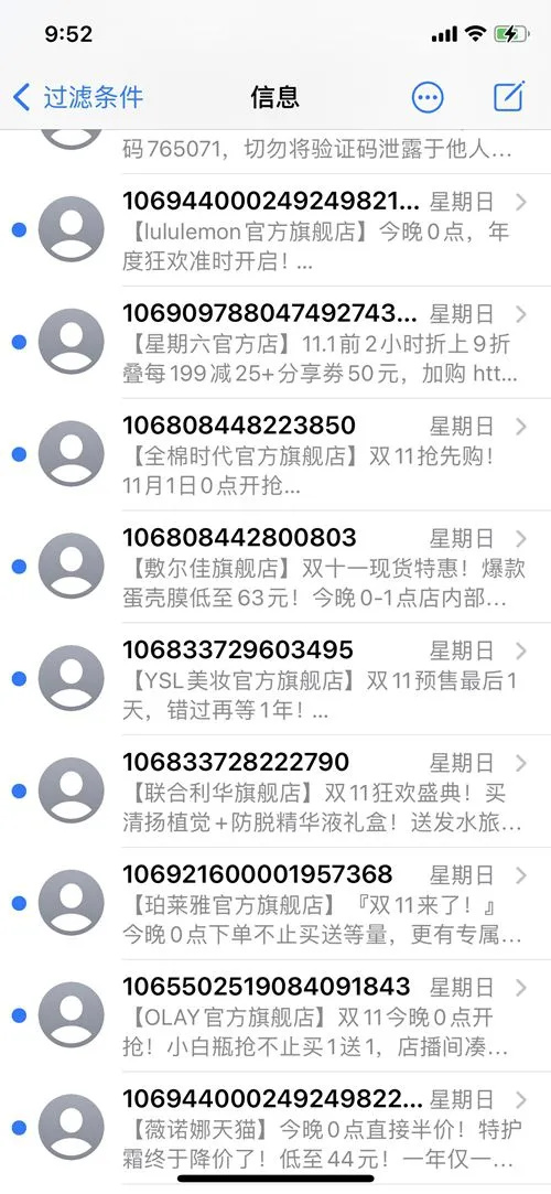 10月31日当天，消费者收到大量“双11”相关营销短信。受访用户供图。