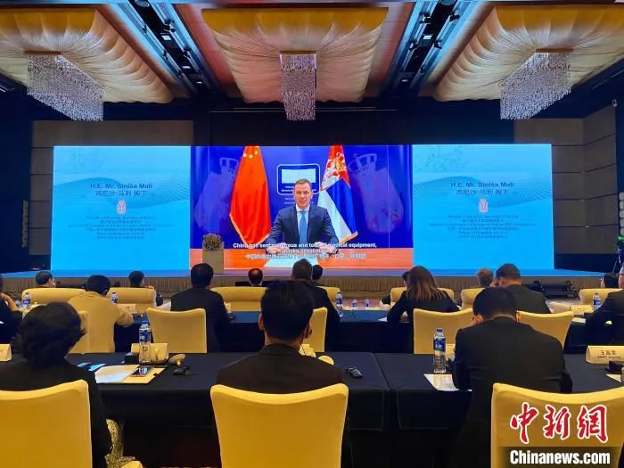 塞尔维亚共和国财政部长西尼沙·马利线上致辞 李典 摄