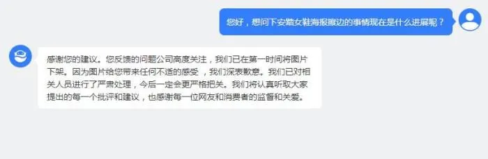 安踏官方商城客服回应截图。