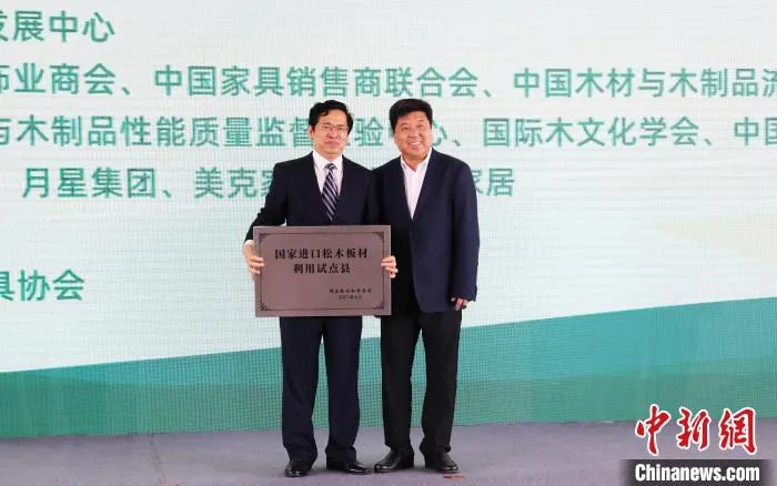 国家林草局发改司副司长李玉印为南康区颁授“国家进口松木板材利用试点县牌匾。　杨晓明 摄