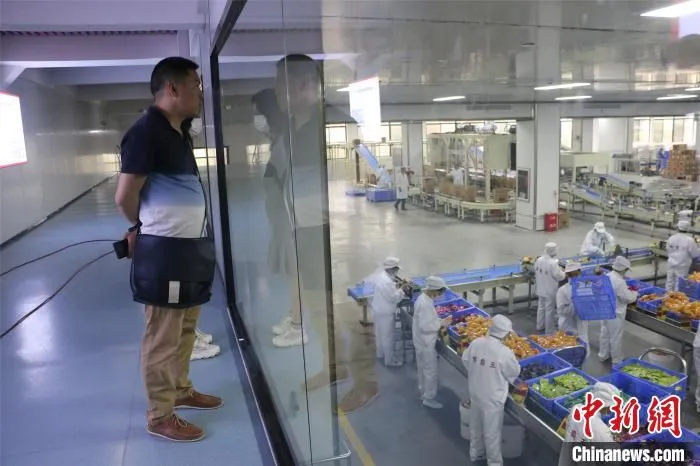 游客参观螺蛳粉生产线。　林馨 摄