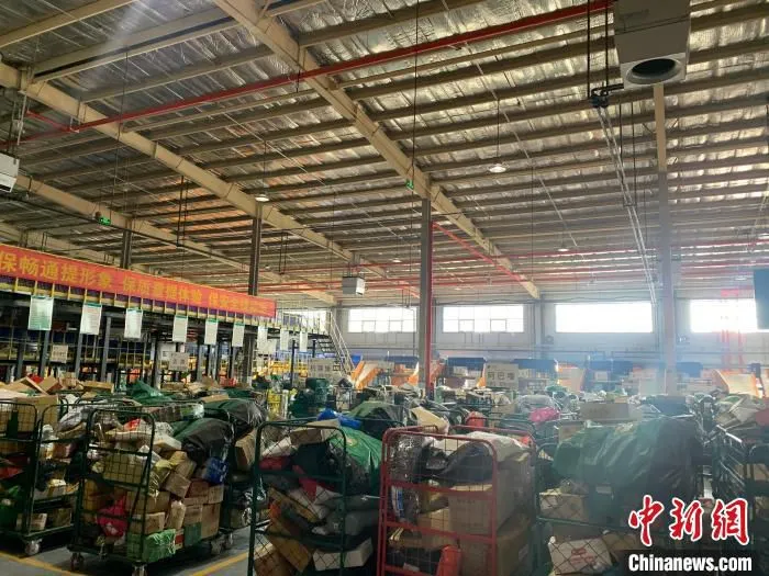 图为“双11”期间，内蒙古呼和浩特一快递分拨中心景象。　奥蓝 摄