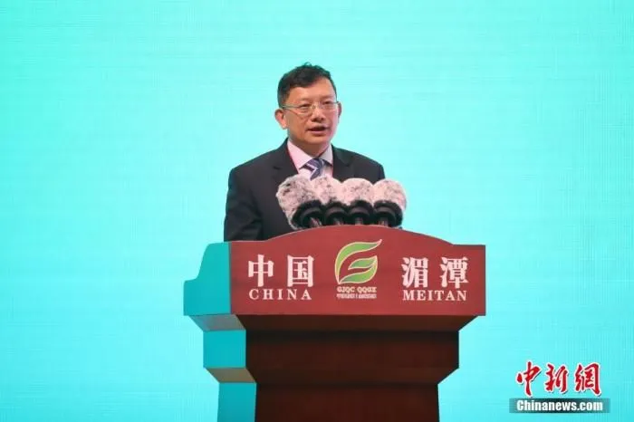 图为贵州省投资促进局局长马雷在会上说，贵州不甘做原料基地，要发挥“后来者”的优势，在产业链下游更加宽广的领域发力。 中新社记者 瞿宏伦 摄