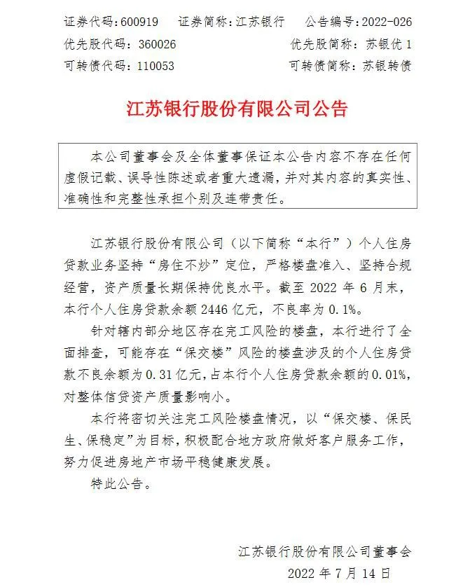 江苏银行公告。
