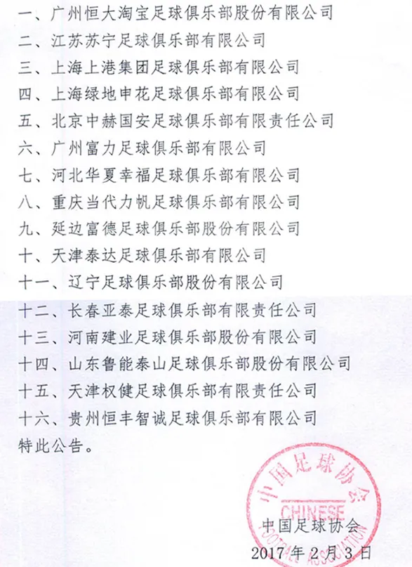 玩球网报：足协公布2017年中超中甲参赛队 32队通过审查