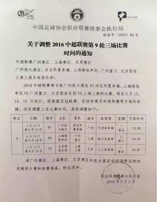玩球网报：足协微调中超3场比赛照顾上港 恒大避免3天2赛