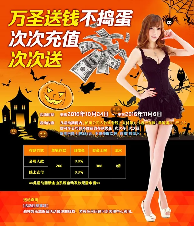 战神娱乐城：万圣送钱不捣蛋 次次冲值次次送 