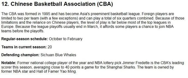 玩球网报：ESPN评级NBA以外各大联赛 CBA排名世界第12位
