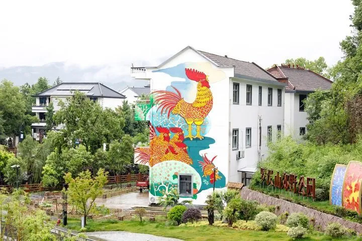 这是浙江衢州市柯城区沟溪乡余东村建筑墙壁上的农民画“大公鸡”(5月11日摄)。新华社发