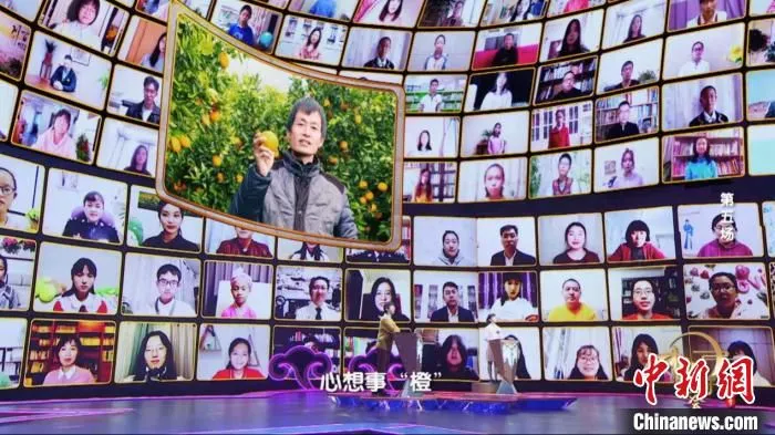 图为易守财在《中国诗词大会》(第六季)荧幕上推介家乡脐橙。　罗永皓 摄