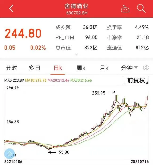 舍得酒业股价日K走势图。