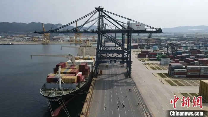 7月18日，地中海航运东南亚航线首航仪式在大连港集装箱码头举行，标志着目前全球最大集装箱航运公司——地中海航运首条中国东北至东南亚直航航线正式投入运营。图为船舶靠泊大连港码头。(无人机照片) 中新社记者 杨毅 摄