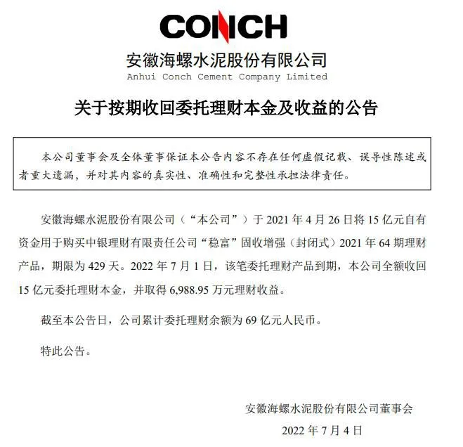截图自海螺水泥公告。