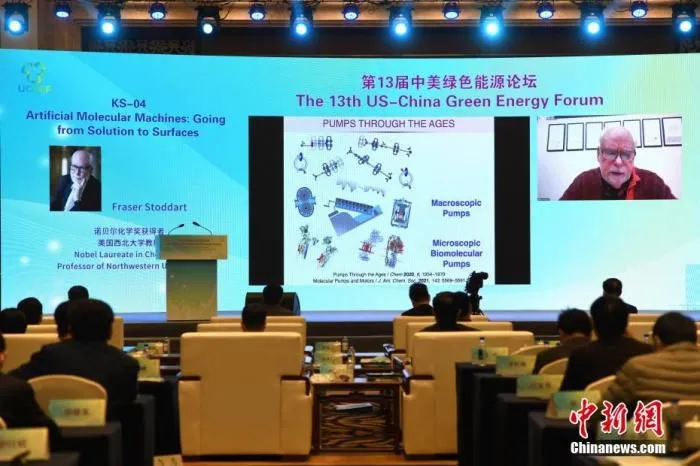 图为美国诺贝尔化学奖得主弗雷泽·司徒塔特通过视频作主旨演讲。 中新社记者 王东明 摄