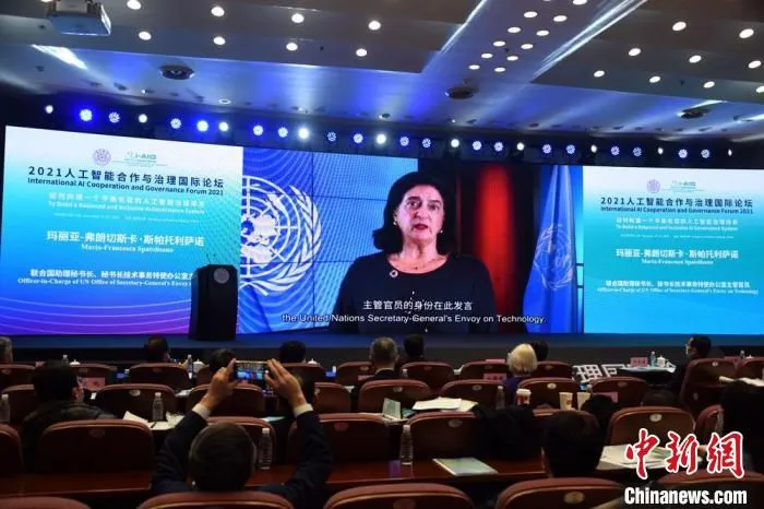 联合国助理秘书长、秘书长技术事务特使办公室主管官员玛丽亚·弗朗切斯卡·斯帕托利萨诺视频致辞。　孙自法 摄