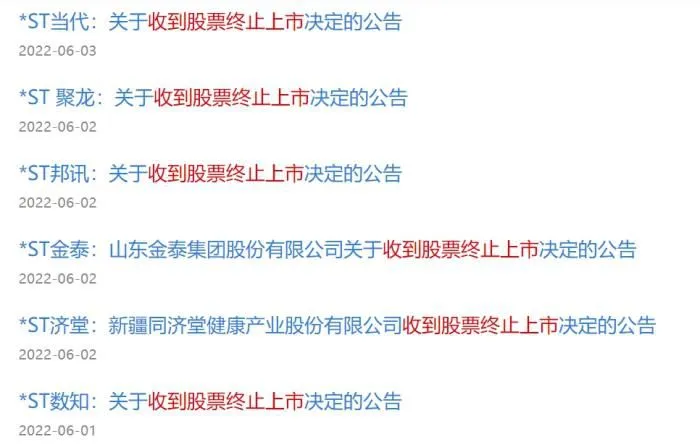 部分上市公司收到的股票终止上市决定的公告。