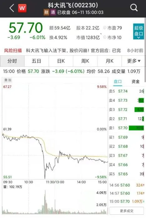 6月11日，科大讯飞股价大跌。数据来自Wind