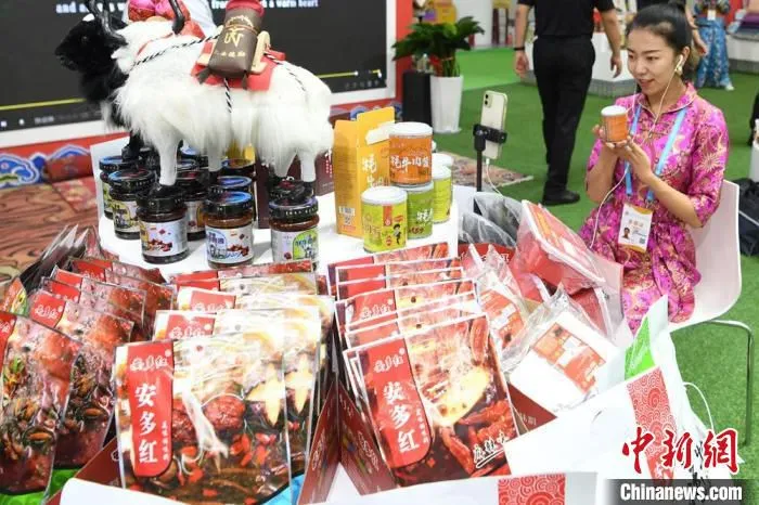 第27届兰洽会展馆内，甘南藏族卓玛现场直播展卖民族特色产品。　杨艳敏 摄