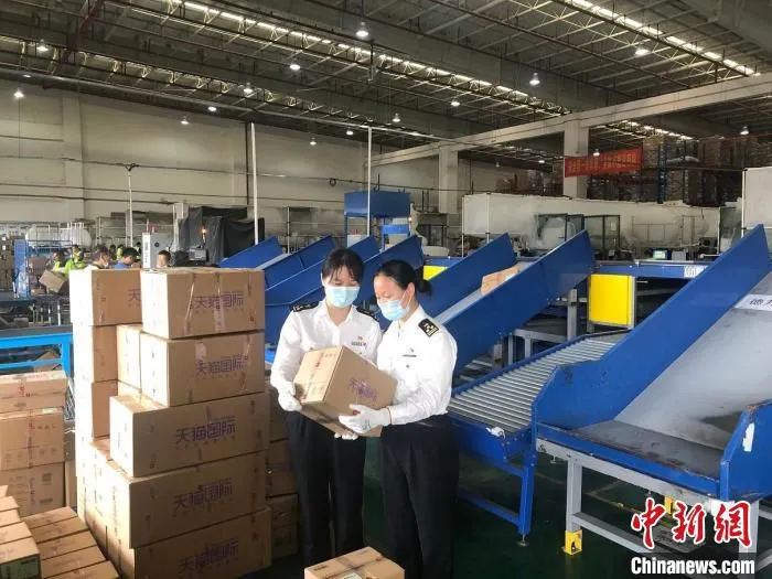 广州海关所属南沙海关关员在南沙综保区跨境电商仓库进行监管 关悦 摄