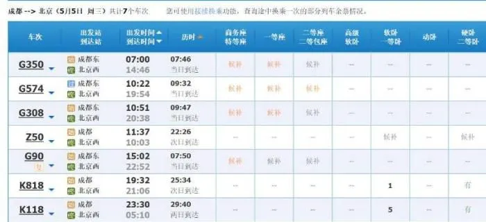5月5日成都至北京共7个车次，车票目前仅剩2列K字头列车有票