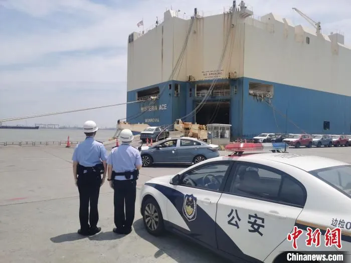上海边检民警在码头对“紫藤精英”轮实施边检查验。　上海边检总站供图