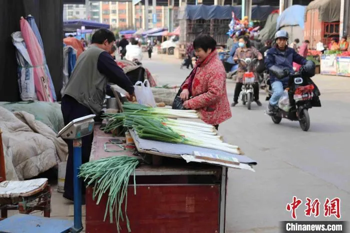 市民在农贸市场挑选大葱，询问葱价。　李明芮 摄